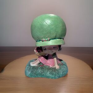Vintage 1970s Large Girl Figurine #1702 Green Bonnet Pink Dress Ladybugs